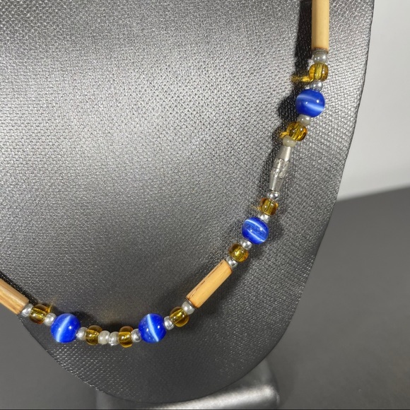 Blue Cat Eye Men’s Tribal Bead Wooden Necklace - Picture 2 of 5